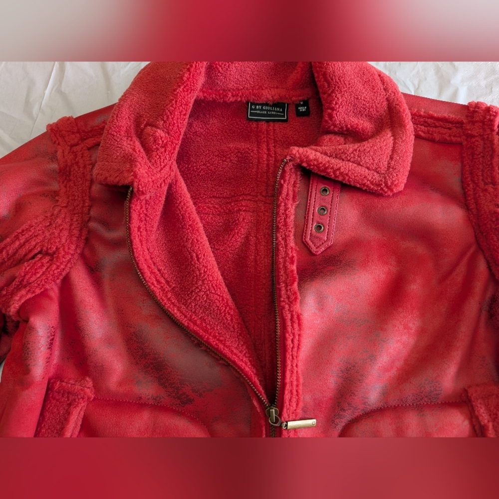 G by Giuliana Black Label Faux Suede and Shearling Zip-Front Coat Scarlet Red M - Picture 6 of 16